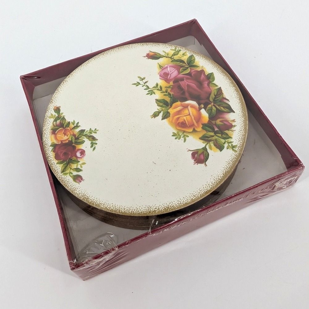 NOS Royal Albert Old Country Roses Coaster Set Vintage Floral Gold Rim NIB